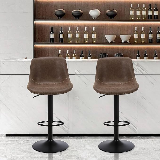Bar Stools, Swivel Counter Height Barstools with Back, Adjustable Modern Bar Chairs, Tall Armless PU Leather Kitchen Island Stool (Brown, Set of 4)