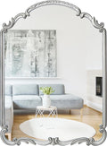 English Estate Carved Arch Wood Wall Mirror, Mirror for Entryway, Living Room, Bathroom, Antique Silver, 20.9x28.9