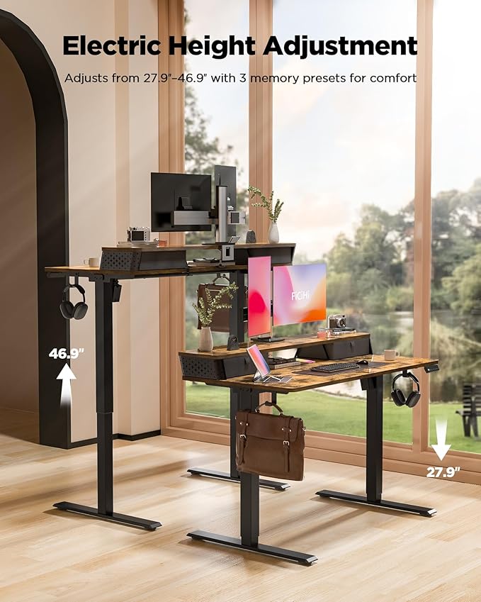 35x20 Inch Standing Desk with Double Drawers,C-Clamp Mount Compatible,Electric Adjustable Height Computer Stand Up Desks, Home Office Sit Stand Table with 3 Preset Heights & Hooks, Rustic Brown