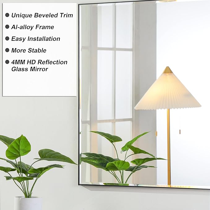 24x40 Inch Black Mirror with Beveled Trim, Aluminum Frame Bathroom Vanity Mirror, Copper-Free Mirror, Rectangle Wall Mounted Mirror, Modern Rectangular Mirror Horizontal or Vertical