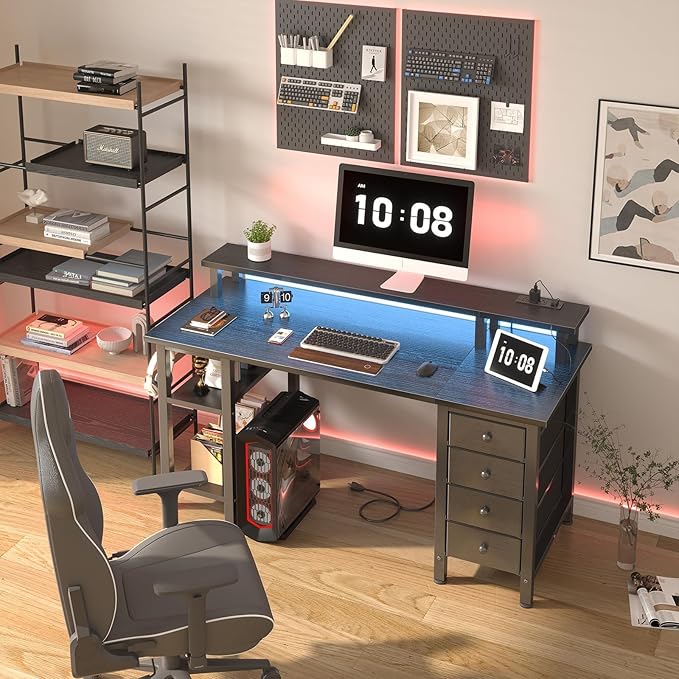 Lufeiya Black Gaming Desk with LED Lights and Power Outlets, 47 inch Computer Desk with Fabric Drawers and Storage Shelves, Home Office Desk with Monitor Stand, Black