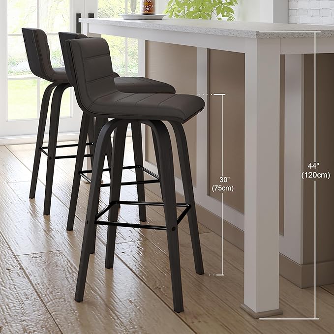 Armen Living Vienna 30" Swivel Bar Stool in Black Wood Finish with Gray Faux Leather - Set of 2