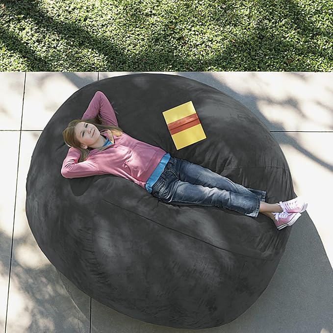 Giant Fur Bean Bag Chair Cover for Kids Adults, (No Filler) Living Room Furniture Big Round Soft Fluffy Faux Fur Beanbag Lazy Sofa Bed Cover (Black, 5FT)