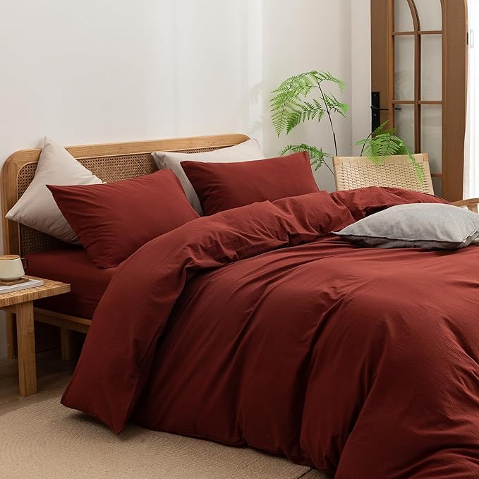 BESTOUCH Duvet Cover Set 100% Washed Cotton Linen Feel Super Soft Comfortable Chic Lightweight 3 PCs Home Bedding Set Solid Fired Brick Red Oversized Queen