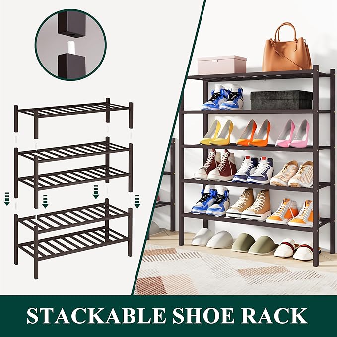 Smiry Shoe Rack, 4 Tier Bamboo Shoe Organizer, Stackable Free Standing Wooden Shoe Storage Shelf for Closet, Entryway, Front Door Entrance, Brown