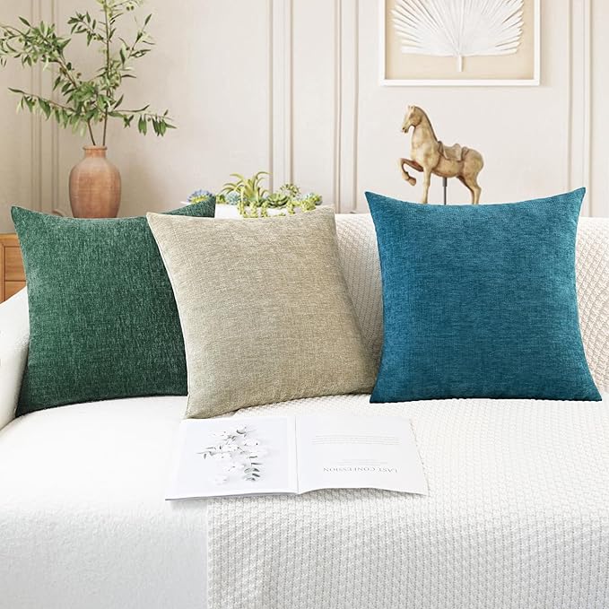 CaliTime Throw Pillow Covers Decorative 18 X 18 Inches Pack of 2 Cozy Chenille Cushion Cases for Couch Sofa Bed Living Room Home Dark Green