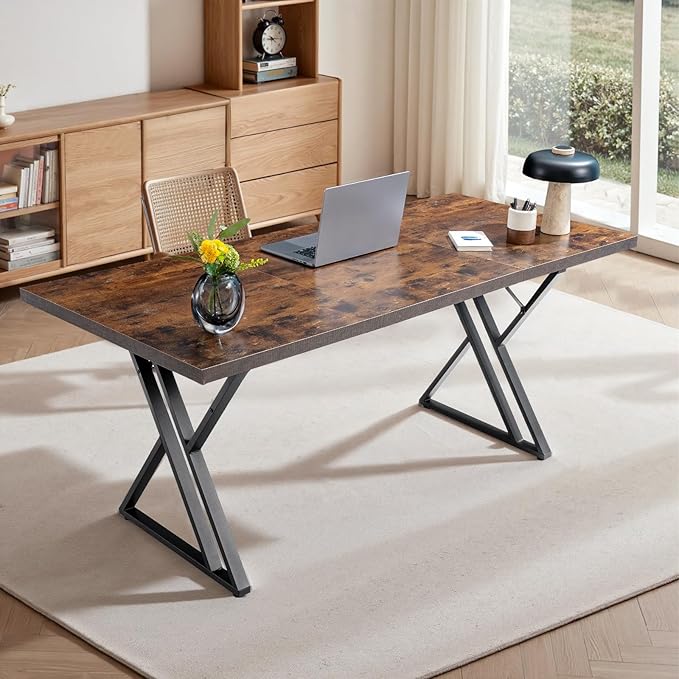 70.9Inch Office Desk, Executive Office Desk，Modern Industrial Style, Z-Shaped Table Legs, Country Black Wood Grain Top, for Home Office, Study, Conference (Iron Wood)