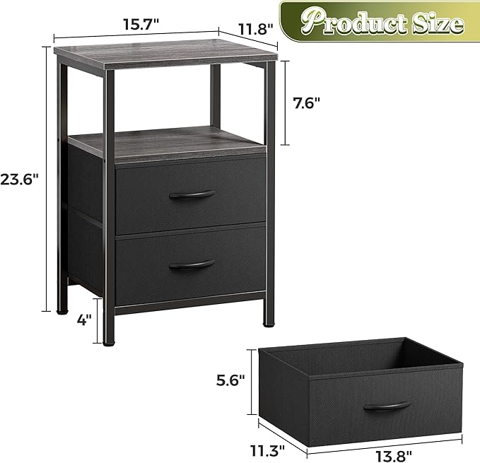 Huuger Night Stand Set of 2, Nightstand with 2 Drawers, Bed Side Table with Open Shelf, Wooden Top, End Table, Fabric Drawer, for Bedroom, Grey