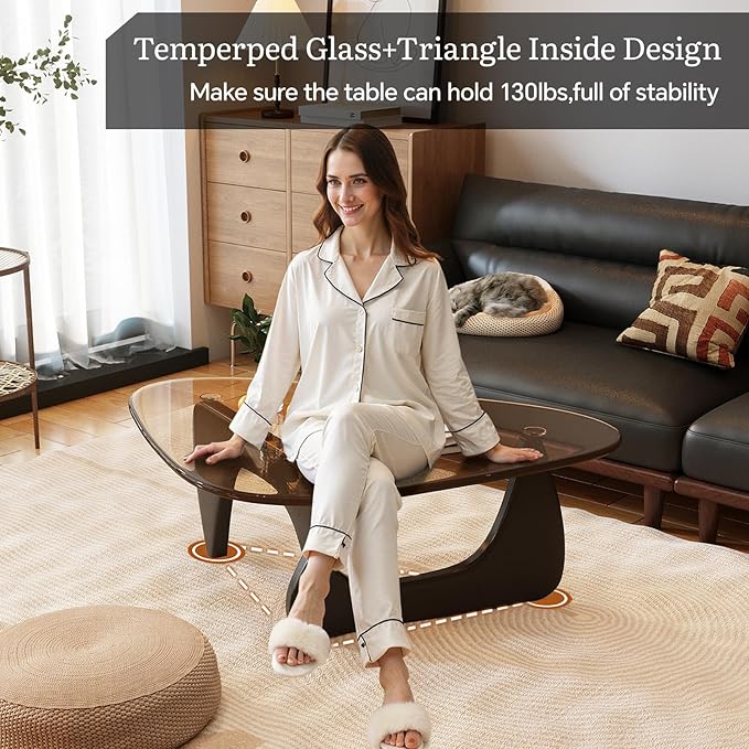 Glass Coffee Table for Living Room Mid Century Modern Triangle Center Table with Wooden Base, Brown/Walnut