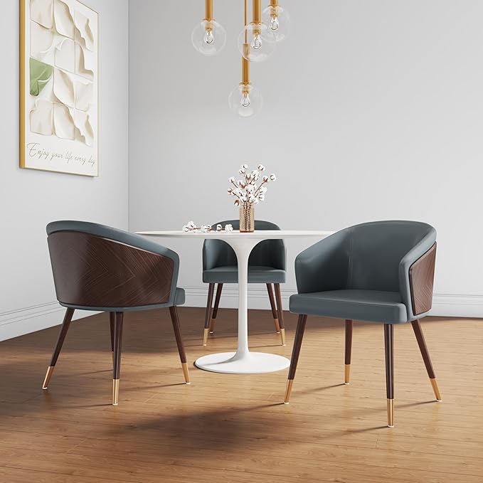 Manhattan Comfort Reeva Modern Dining Chair Upholstered in Tight Fit Leatherette, Accent Furniture with Solid Beech Wood Frame & Legs with Stylish Gold Tips, Set of 2, Graphite Grey
