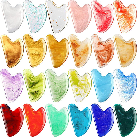 Sherr 24 Pcs Gua Sha Facial Tool Resin Gua Sha Massage Tool Heart Shaped Gua Sha Stone Guasha Board for Face Body Skin Massage Spa Acupuncture Prevent Wrinkles (Mixed Colors)