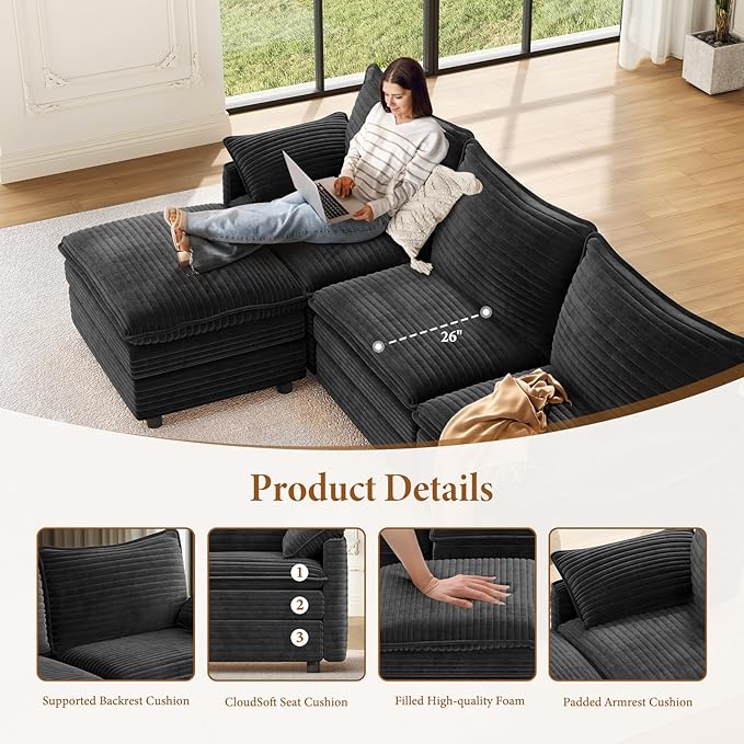 Vesgantti Large Modular Sectional Sofa, Big Comfy Cloud Couch with Ottoman Deep Seat Corduroy Cloud Sofa, 9 Seater Large Sectional Couches for Living Room, Bedroom and Apartment, Gray