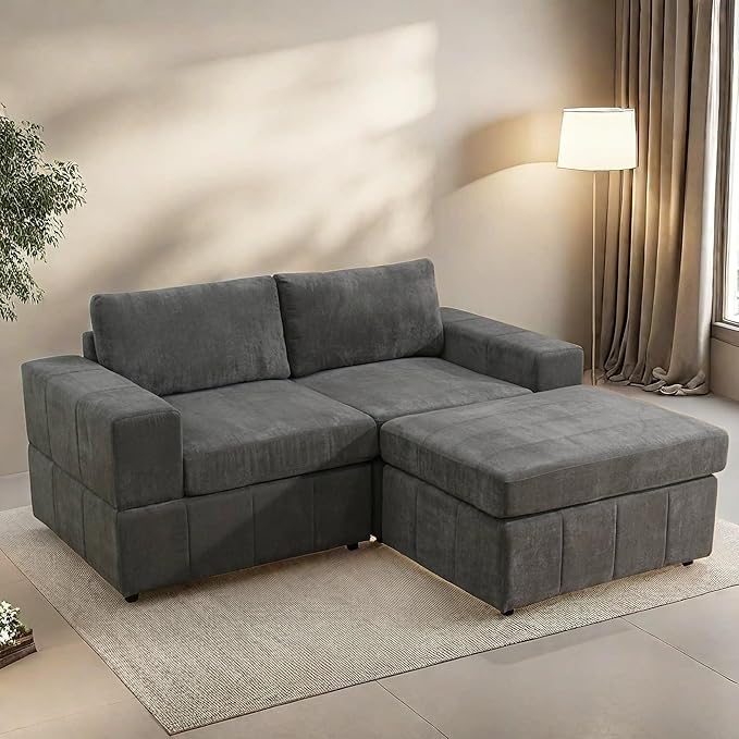 Loveseat Sofa with Ottoman, 74″ Modern Sectional Couches with Deep Seat, Small L Shaped Couch with Chaise for Living Room Bedroom, Brown
