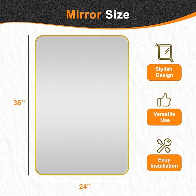 Delma Bathroom Vanity Mirror, Black Framed Bathroom Mirror for Over Sink, High-Definition Bathroom Mirror, Versatile Bathroom Vanity Mirror, Hangs Horizontally or Vertically(36x24, Gold)