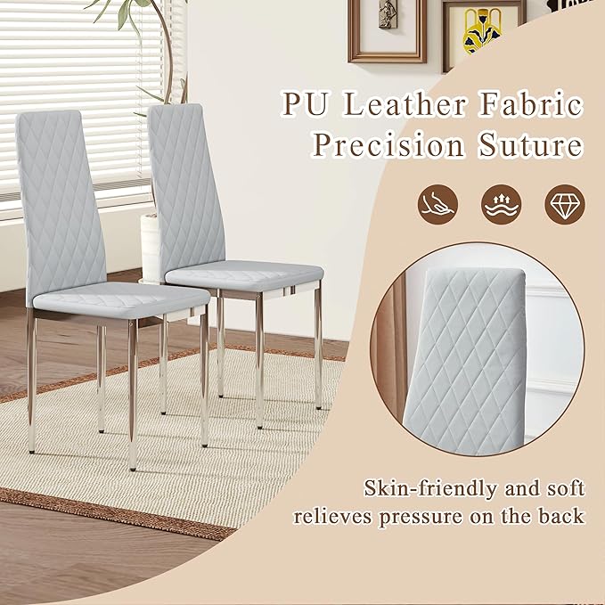 JT Modern Minimalist Dining Chair Fireproof Leather Sprayed Metal Pipe Diamond Grid Pattern Restaurant Home Conference Chair Set of 4 Or 6 (6, Gray Brown)