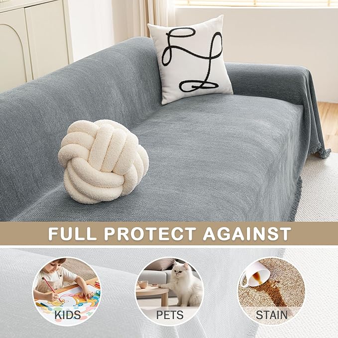 hyha Couch Cover for Dogs, Boho Sofa Covers for 3 Cushion Couch Washable, Chenille Sofa Slipcover for Pets, Soft Loveseat Sectional Couch Throw Blankets with Tassels (Grey, 71x134 Inch)