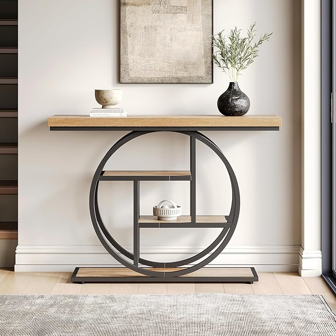 LITTLE TREE Console Table, 4-Tier Entryway Table Behind Couch Table, 41.3-Inch Farmhouse Sofa Table for Living Room, Foyer Hallway Table for Entrance, Walnut and Black