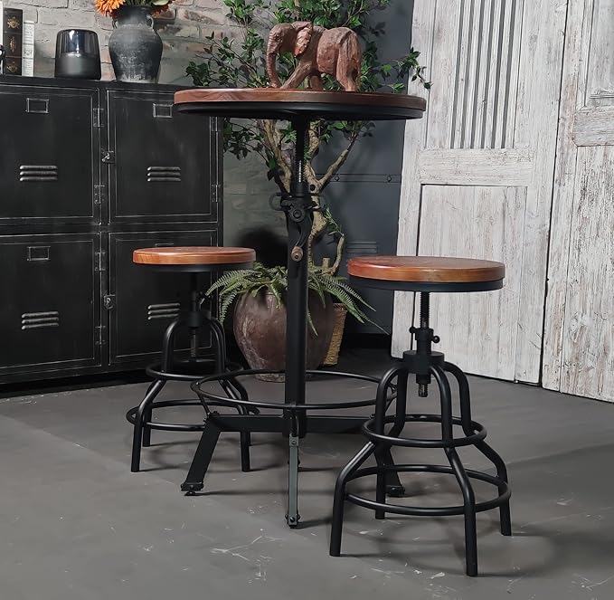 LOKKHAN 33.5-39.4 Inch Tall Industrial Bar Table-Adjustable Bar Height Bistro Whiskey Pub Table-23.7" Dia Swivel Round Wood Top Metal Base-Easily Adjusts by Crank Handle