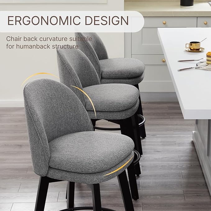 Counter Height Barstools 26 inch Upholstered Swivel Bar Stools with Back and Wood Legs for Kitchen Island,Set of 1,Dark Grey Fabric-Armless
