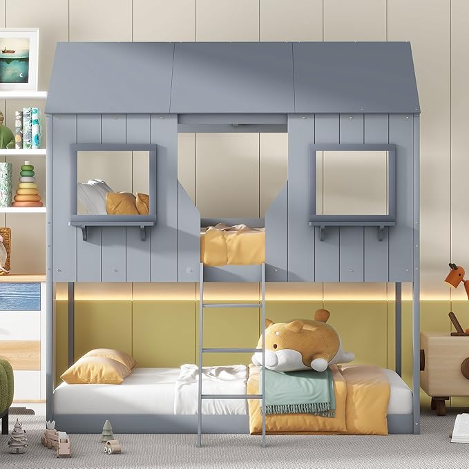 Ball & Cast Twin Over Twin Size Playhouse Bunk Bed with Roof and Window,Wood Bunkbed w/Full-Length Guard Rail & Ladder,Slat Support,Space Saving,Bedroom Furniture for Student Dorms,Gray