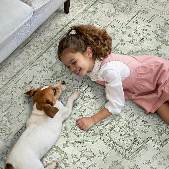 GENIMO 6x9 Area Rugs for Living Room, Machine Washable Non Slip Vintage Rugs, Low Pile Lightweight Chenille Print Rug for Bedroom, Dining Room, Home Office, Oat Light