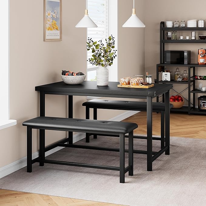 Dining Table Set for 4, Kitchen Table with 2 Upholstered Benches, 3-Piece Dining Room Set for Kitchen, Apartment and Small Spaces, Black