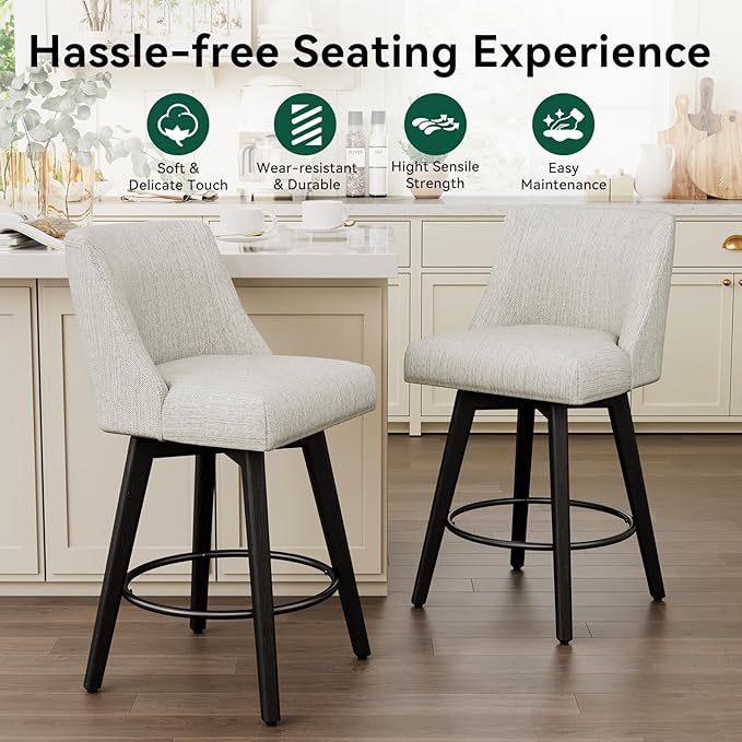 Vipbear Swivel Counter Height Bar Stools Set of 6,26.8" H Counter Stools with Back, Mid Century Modern Bar Stools for Kitchen Island,Linen Fabric,Wooden Base, White