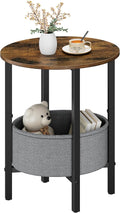 Vagusicc Round Side Table End Table with Storage Basket, Small Side Table Round Nightstand for Small Spaces, Tall Oval End Table with Steel Frame, Coffee Bedside Table for Living Room, Rustic Brown