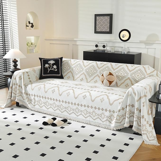 LUFEIJIASHI Boho Couch Covers for Sofa Non Slip Sofa Covers Washable Couch Covers for 3 Cushion Couch Sofa Pet Friendly Sectional Couch Cover Blanket Furniture Protector for Dogs (Khaki, 91"x118")