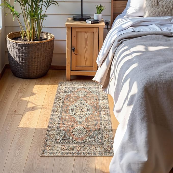Lahome Oriental Door Mat Indoor Entrance, 2x3 Washable Indoor Rugs for Entryway Soft Small Kitchen Rugs Non Slip Ultra-Thin, Vintage Door Mat Carpet for Bedroom Bathroom, Peach/Orange