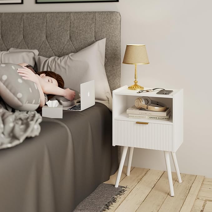 White Nightstand,Modern Bedside Table with Storage Drawer and Open Wood Shelf, for Living Room, Bedroom and Small Spaces, Accent Night Stand with Solid Wood Legs, Easy Assembly,Classic White