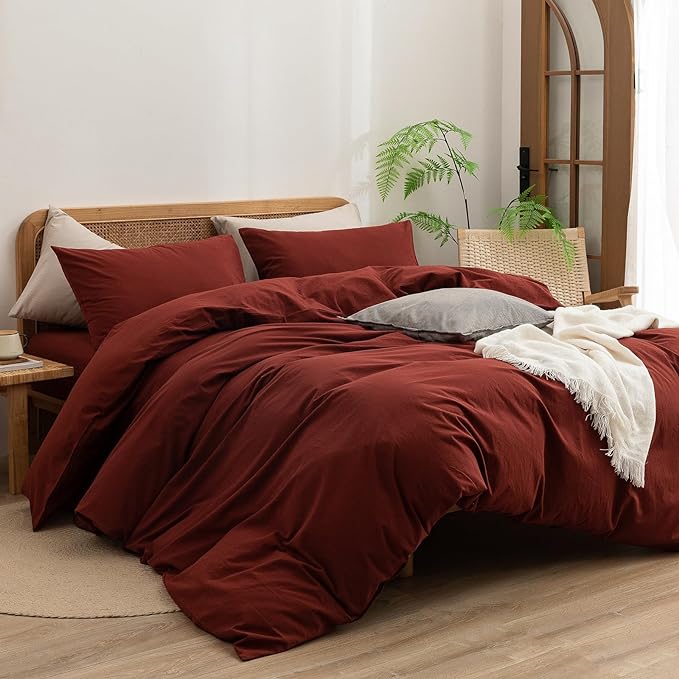 BESTOUCH Duvet Cover Set 100% Washed Cotton Linen Feel Super Soft Comfortable Chic Lightweight 3 PCs Home Bedding Set Solid Fired Brick Red Queen