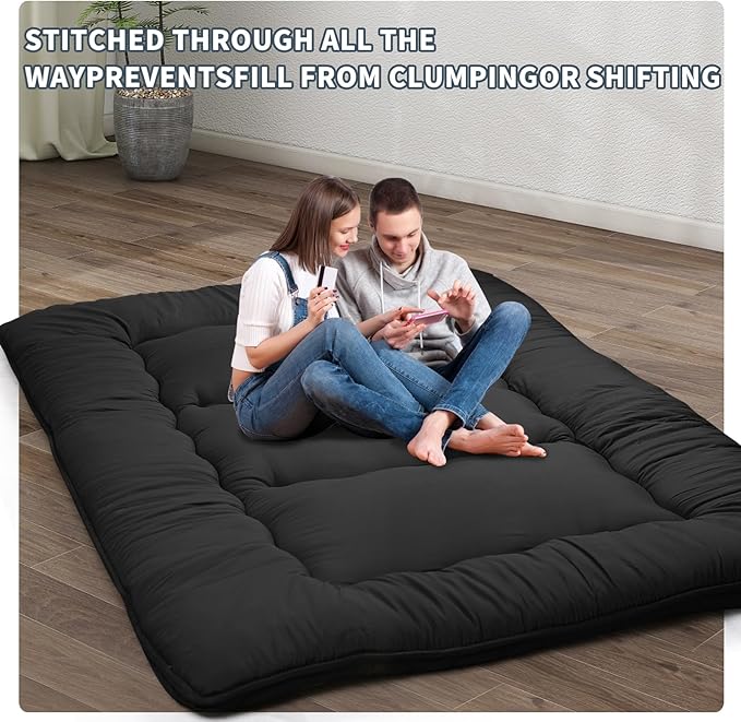 Japanese Floor Mattress,4" Thicken Japanese Floor Sleeping Pad Foldable,Futon Mattress Suitable for Camping and Guest Room (Black, Queen (80" X 60"))