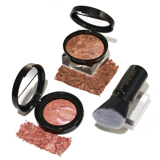 LAURA GELLER NEW YORK Blush-n-Glow Kit - Baked Balance-N-Glow Illuminating Powder Foundation, Deep + Retractable Kabuki Brush + Baked Blush-N-Brighten, Pink Grapefruit