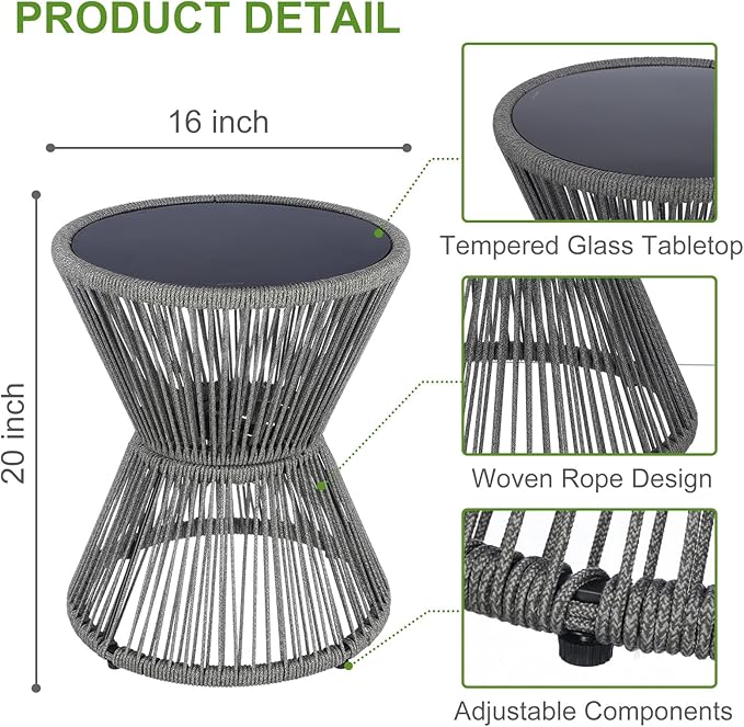 LEWIS&WAYNE Small Outdoor Side Table Patio 20’’ H Woven Rope Hourglass End Table with Glass Top Round Coffee Table for Living Room Outdoor Patio Backyard Poolside (Gray)