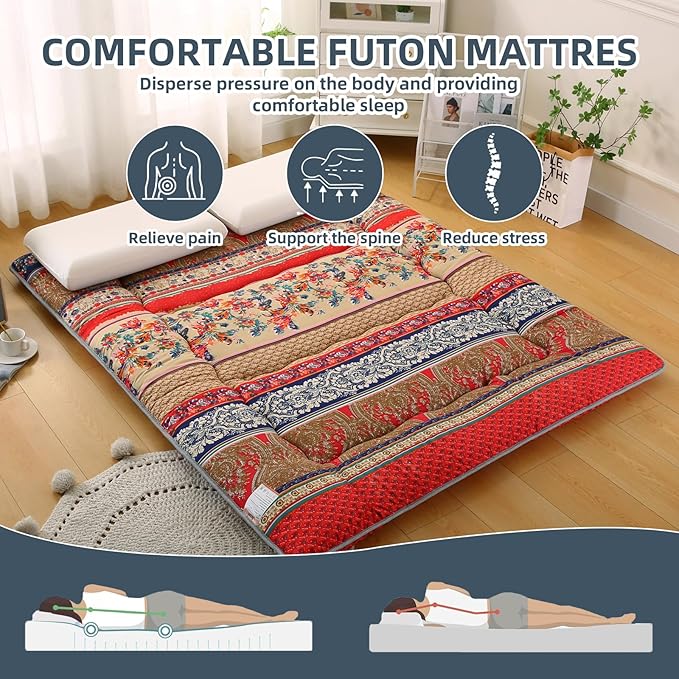 Bohemian Retro Japanese Floor Mattress, Vintage Floral Tatami Floor Mat, Portable Roll up Futon Mattress for Guest,Tavel (A,Twin 80" x 36")