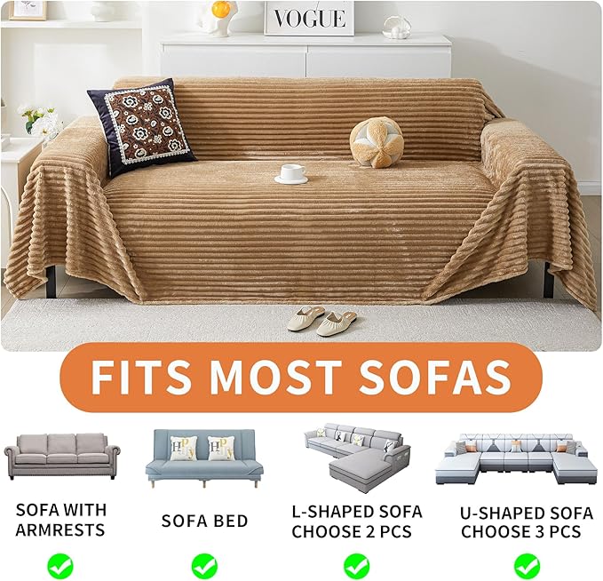 HAOMAIJIA Faux Fur Sofa Covers Couch Covers for 3 Cushion Couch Sofa Pet Friendly Soft Non Slip Couch Cover for Dogs Washable Sectional Couch Covers L Shape Furniture Protector (Khaki, 91"x150")