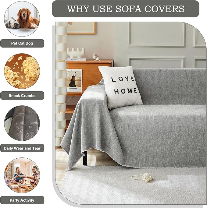 STACYPIK Jacquard Non Slip Sofa Cover for Dogs, Washable Dark Gray Couch Cover for Pets, Chenille Couch Covers for Sectional, Tassels Furniture Protector for 2 Cushion Sofa Throw Blankets-71X118IN
