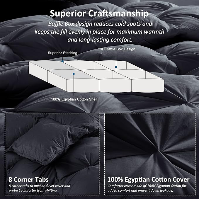 Luxurious All-Season Goose Down Feather Fiber Comforter King Size Duvet Insert, Exquisite Black Pinch Pleat Design, Premium Baffle Box, 100% Egyptian Cotton Cover, 70 oz. Fill Weight, Black