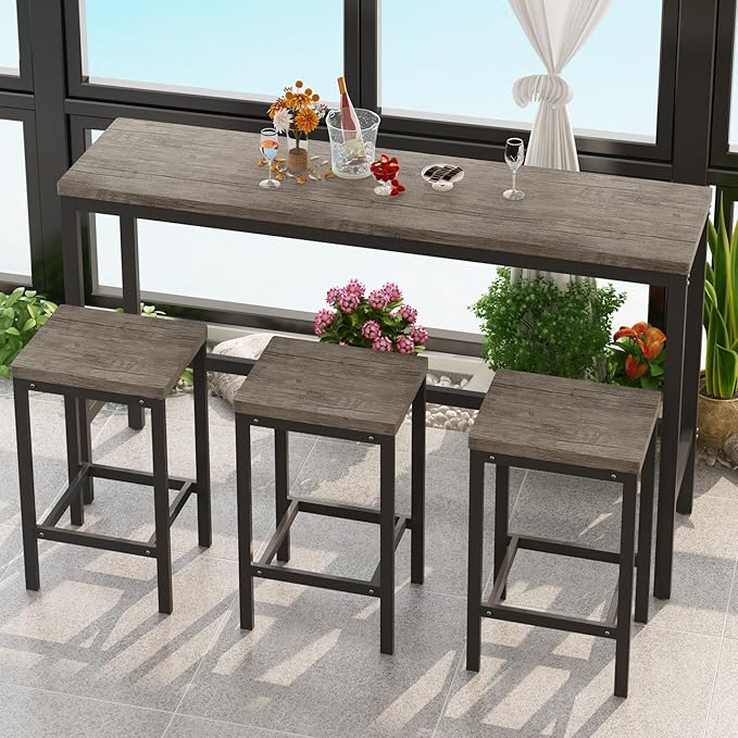 KEIKI 60.24” Long Bar High Top Dining Table and 3 Stools Chairs Set, Wood Behind Couch Sofa Counter Height Pub Furniture for Breakfast, Kitchen Living Party Room, Brown Grey