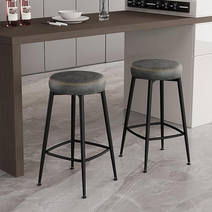 Counter Height Bar Stools, 26" H Backless Bar Stools Set of 6, Upholstered Faux Leather Kitchen Counter Stools, Mid Century Modern, Kitchen Island Home Bar, Pub, Black Grey
