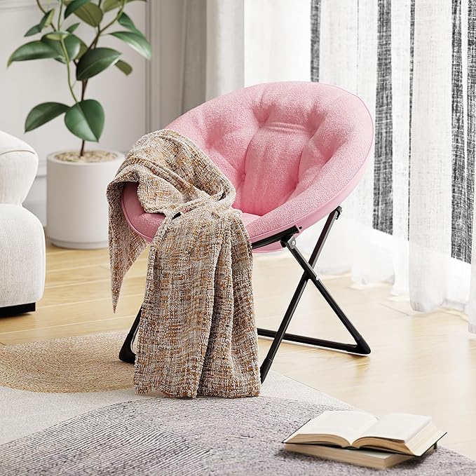 Saucer Chair with Faux Fur Cover - Foldable Moon Chair for Teens & Adults, Large Circle Seat Perfect for Bedroom, Living Room & Playroom, Soft Gaming Chair for Compact Spaces, Pink