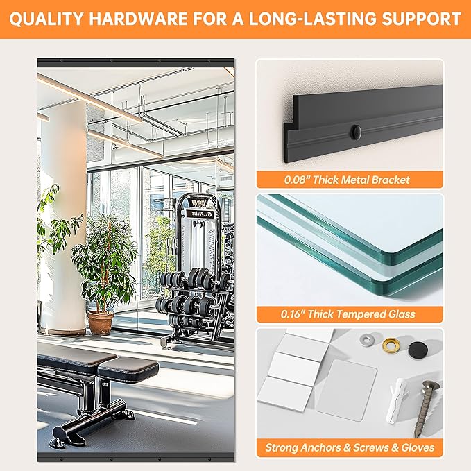 Hasipu 48''x30'' Home Gym Mirror Large Full Length Wall Mounted Full Body Mirror for Yoga Dance Fitness Exercise Studio Bedroom Garage, Frameless Tempered Glass Workout Mirrors Black Rectangular