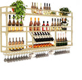 Metal Wall-Mounted Wine Rack with LED Light - 3 Tier Wine Storage Display Rack with Glass Holder - Space-Saving Bottle Display Shelf for Home Bars, Dining Rooms(Gold, 59in/150cm)