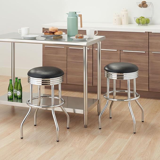 TRINITY Heavy Duty 25-Inch Backless Swivel Bar Stool for Kitchen, Garage, or Workshop, Chrome Finish with Faux Leather Seat, 2 Pack, Black