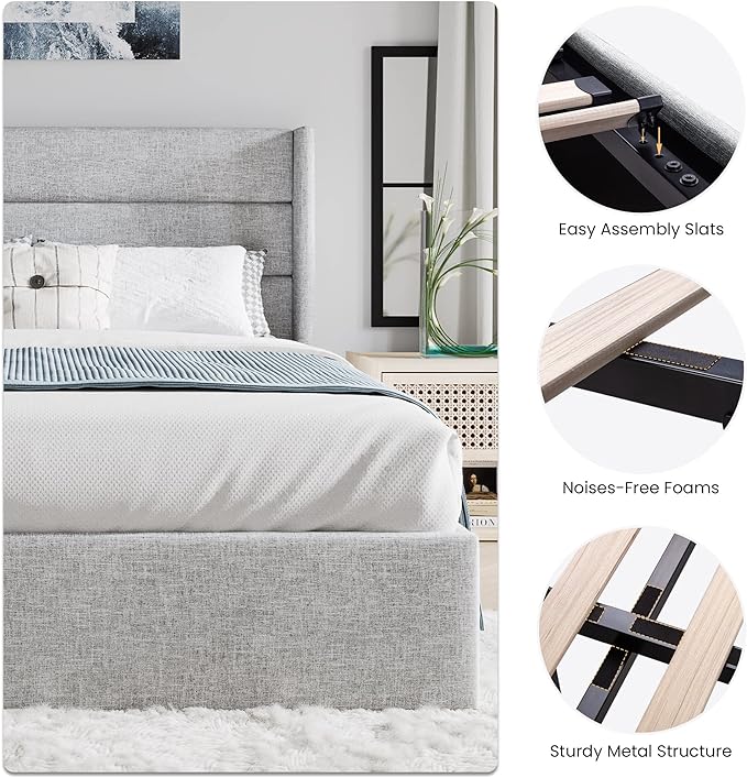 SHA CERLIN King Size Lift Up Storage Bed/Modern Wingback Headboard/Upholstered Platform Bed Frame/Hydraulic Storage/No Box Spring Needed/Wood Slats Support/Light Grey