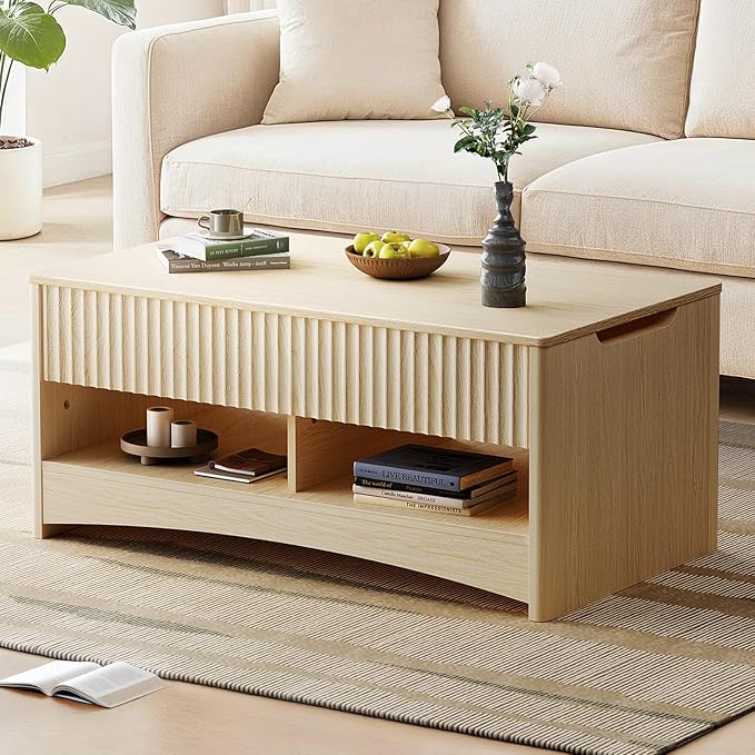 Marsail Lift Top Coffee Table with Open & Hidden Storage, Modern Fluted Coffee Table with Smooth Lift Mechanism, Sturdy Space-Saving Center Table for Home Living Room, Office, Natural Oak
