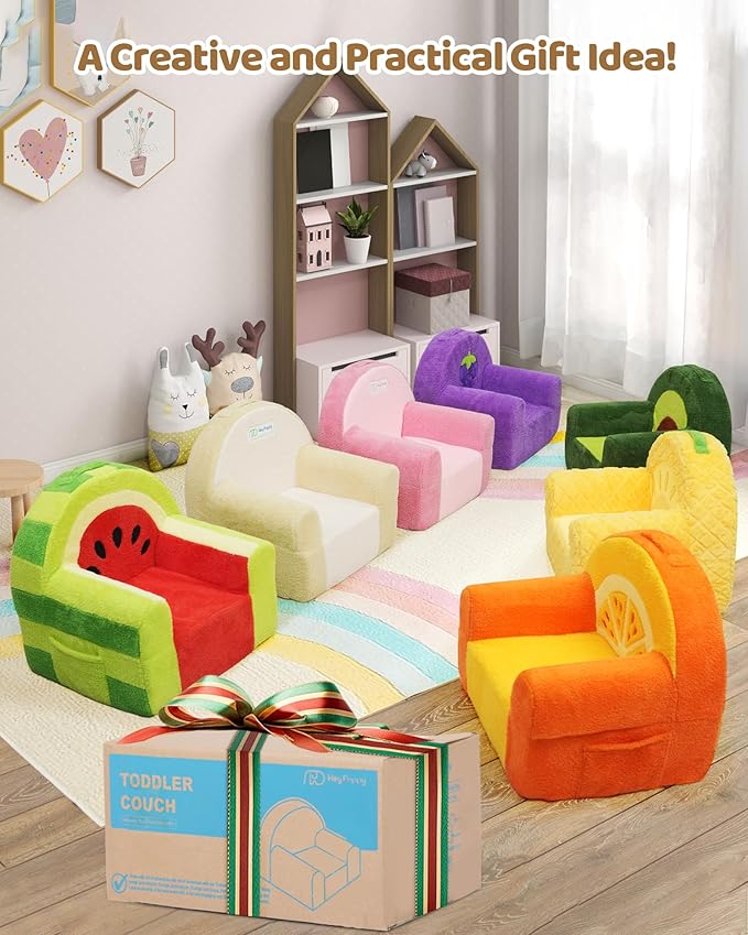 Toddler Chair, Comfy Foam Kids Couch with Soft Velvet Cover, Toddler Couch with Cute Grape Design for Gaming and Studying, Kids Sofa for Boys and Girls