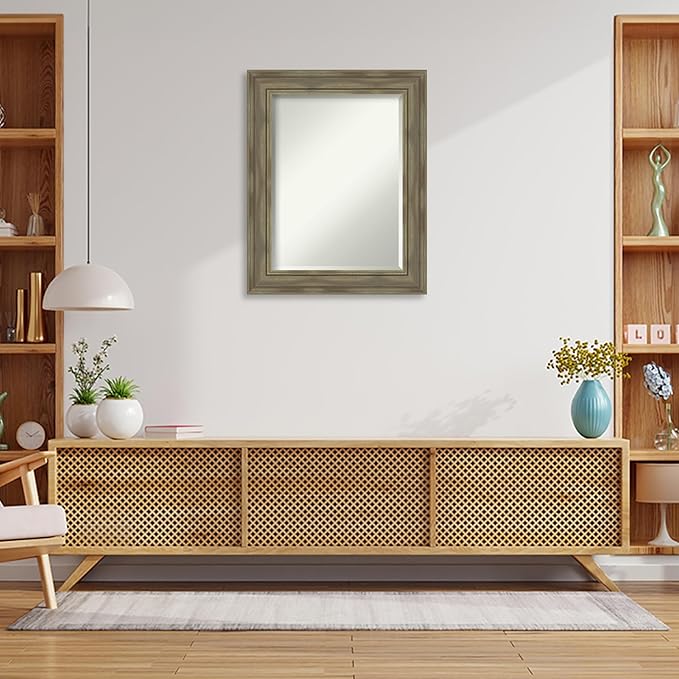 Amanti Art Grey Wall Mirror 30x24 Alexandria Greywash Rectangle Bathroom Mirror for Wall Decor Living Room, Medium Country Rustic Wood Frame, Hangs Horizonally and Vertically, Bathroom Decor, Beveled