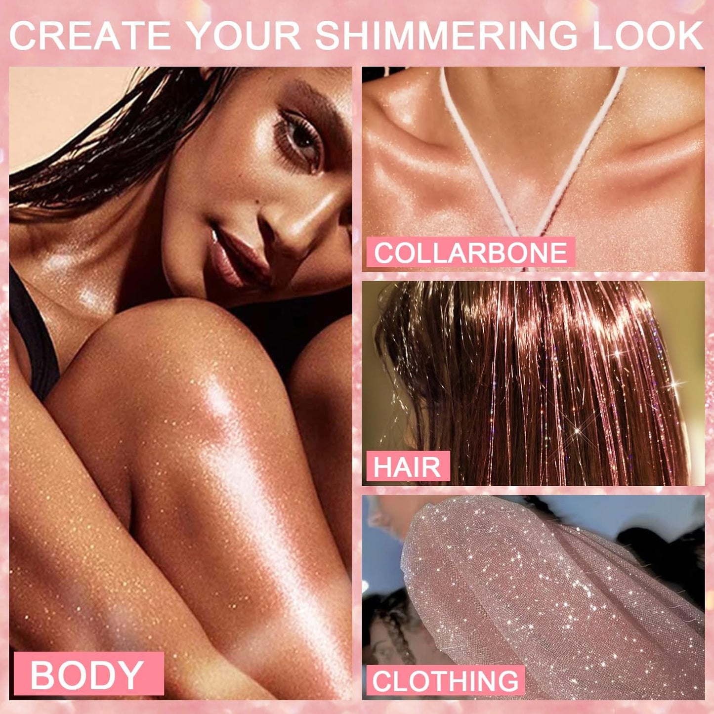 Hair and Body Glitter Spray, Holographic Glitter Highlighter Powder, Hairspray for Clothes, Face Body Shiny Glitter, Loose Shimmer Hairspray Festival Rave Prom Accessories, 2.11 Fl Oz (Pink)